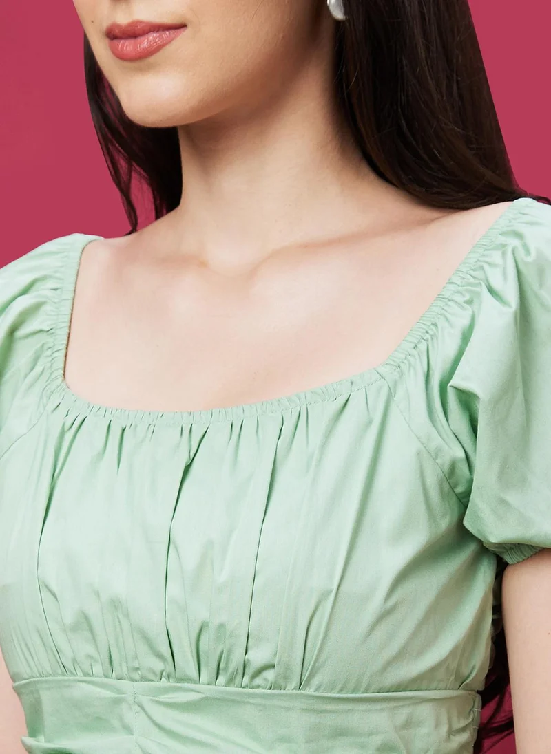 globus Globus Women Bow Detail Gathered Smocked Puff Sleeves Flounce Pure Cotton A-Line Dress